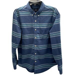 American Eagle Men's Seriously Soft Long Sleeve Button Shirt Blue Stripe, Medium